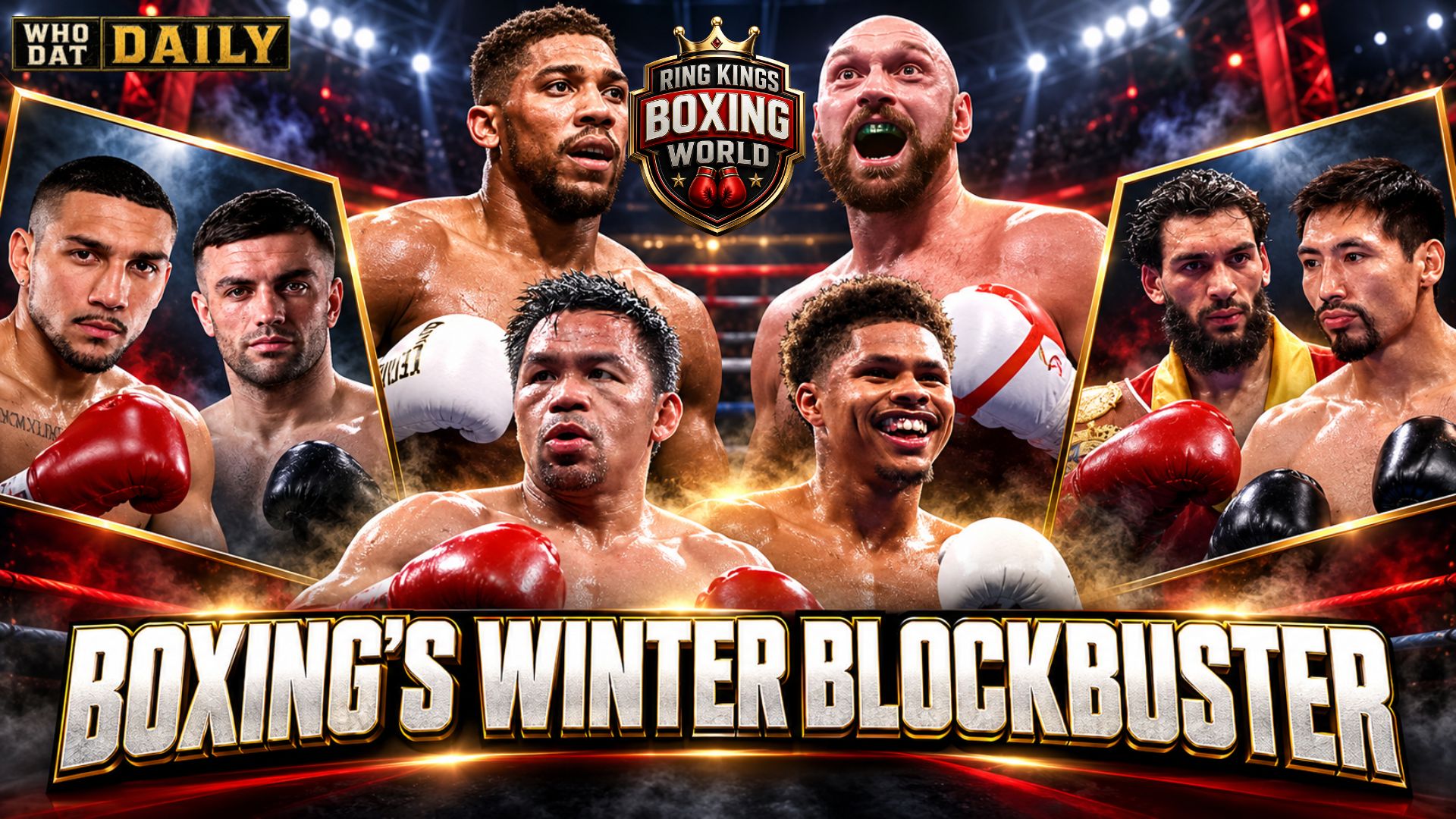 Tyson Fury, Anthony Joshua, Manny Pacquiao and Shakur Stevenson featured in a Ring Kings Boxing winter fight-news graphic.