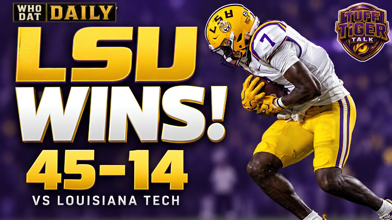 LSU helmet beside a Tigers Win 45–14 graphic for the Louisiana Tech recap.