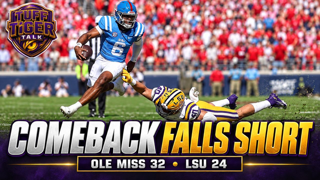 LSU quarterback Sam Leavitt and Ole Miss quarterback Trinidad Chambliss featured in a postgame graphic after the Rebels’ 32–24 win.