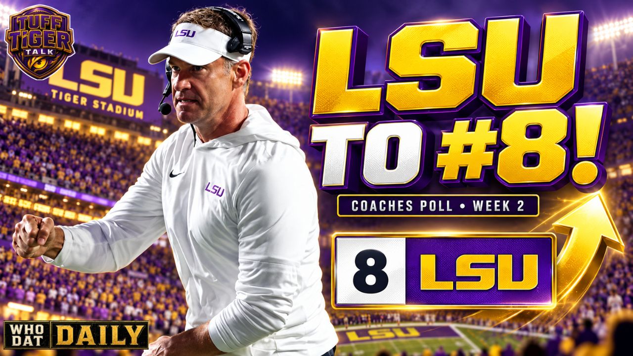 Lane Kiffin pictured beside LSU to No. 8 Coaches Poll headline in purple and gold.