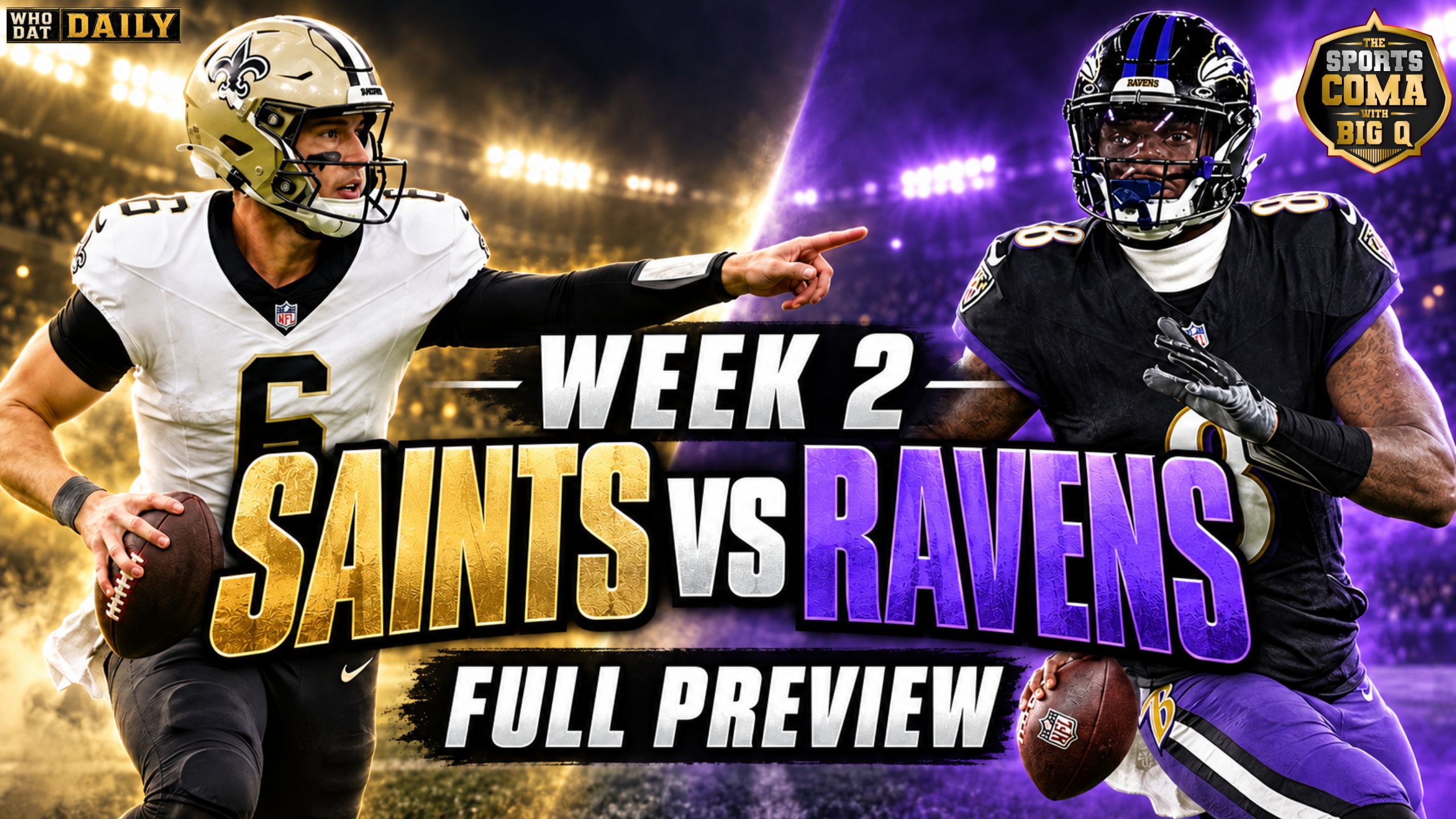 New Orleans Saints quarterback Tyler Shough faces Baltimore Ravens quarterback Lamar Jackson in a Week 2 full-preview graphic.