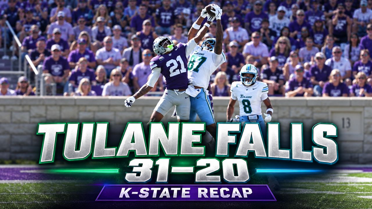 Tulane quarterback pressured by Kansas State defenders in a postgame graphic displaying the Wildcats’ 31–20 victory.