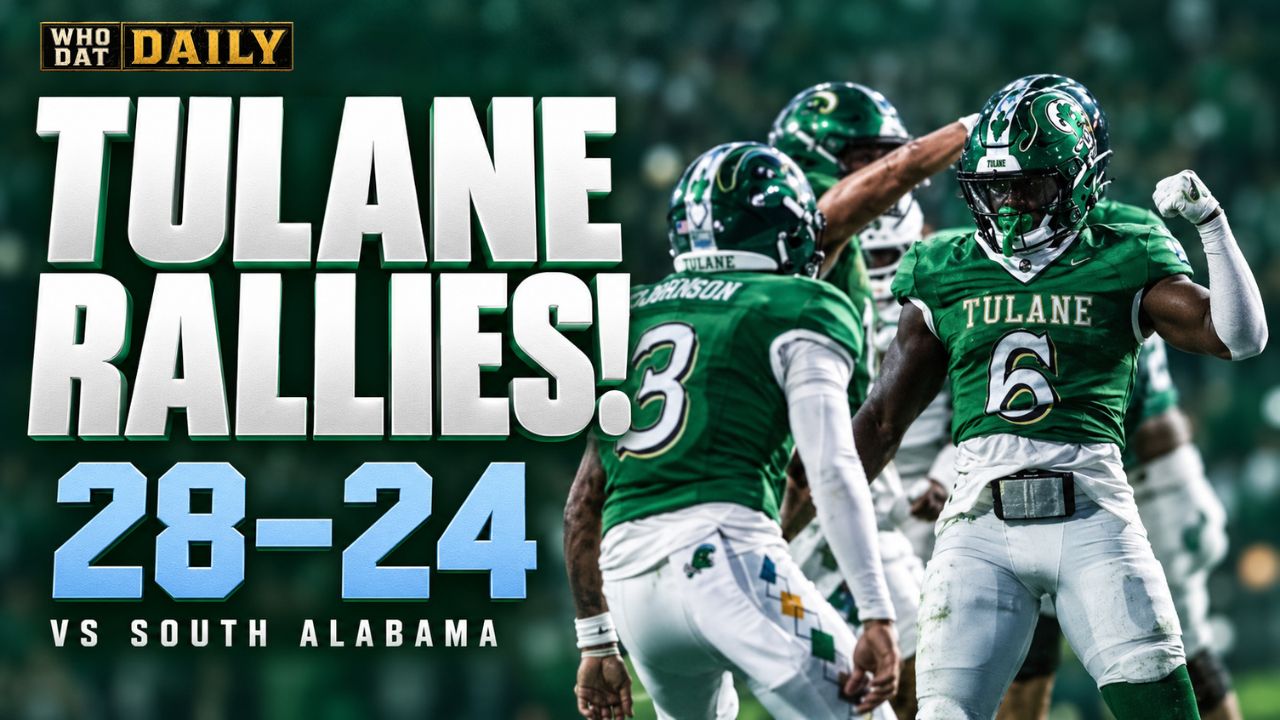 Tulane helmet beside a Wave Wins 28–24 graphic for the South Alabama recap.