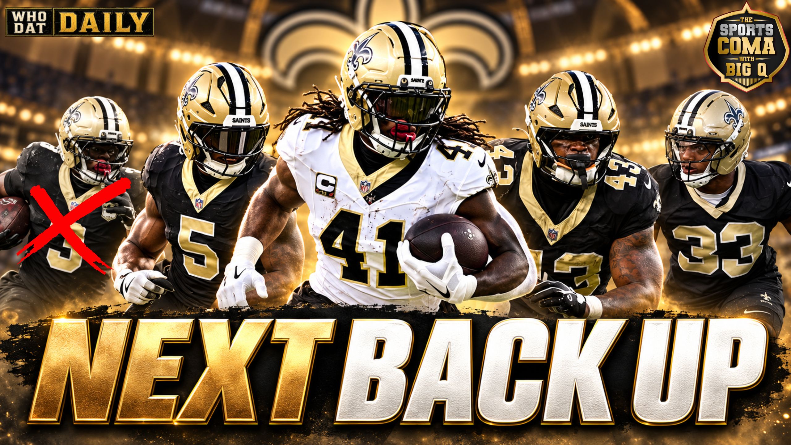 Saints running backs Alvin Kamara, Kendre Miller, CJ Donaldson and Zamir White in a graphic about replacing injured Travis Etienne Jr.