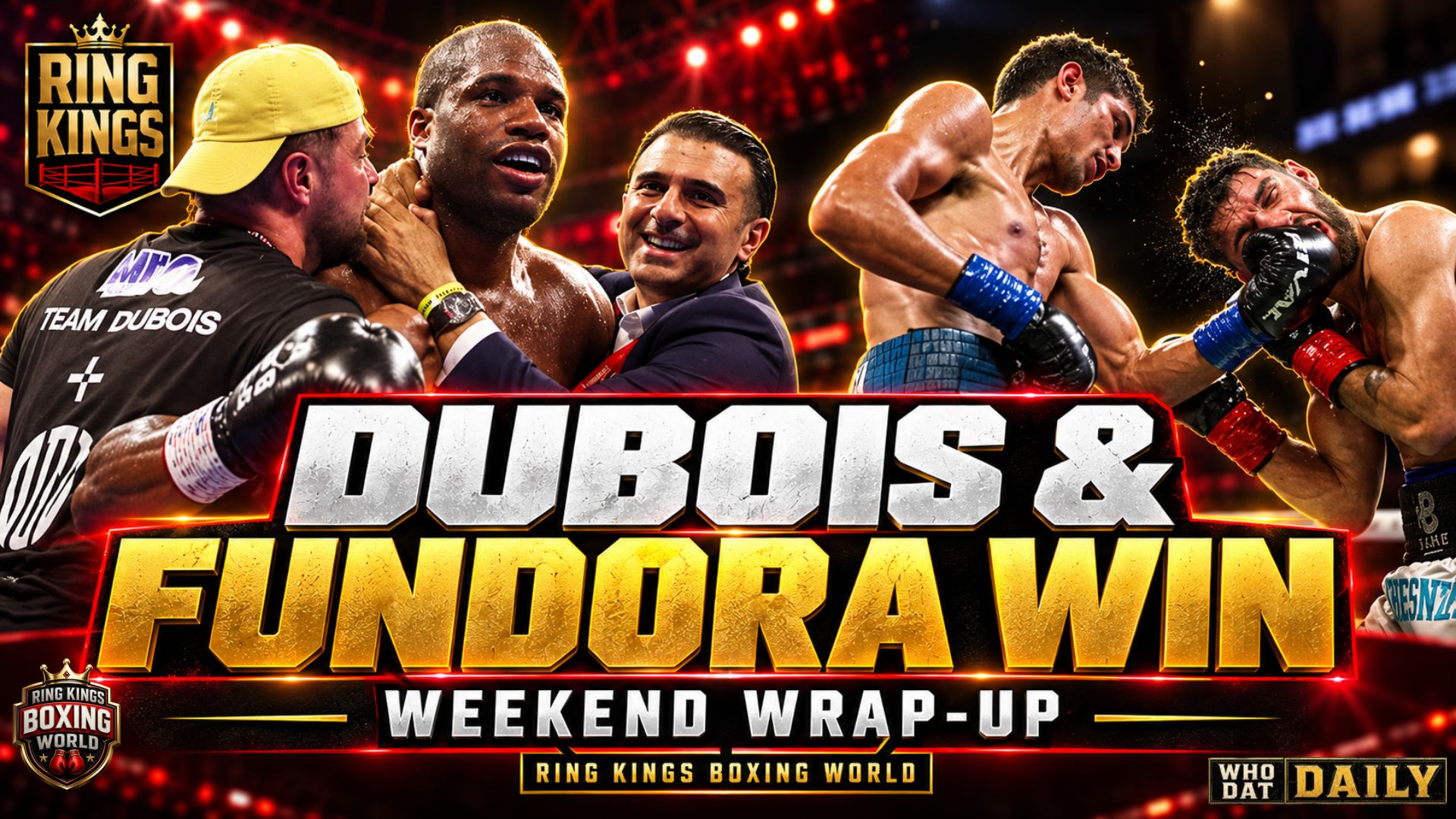 Editorial illustration of red boxing gloves beside ring ropes with the words Early Power, Late Drama and the names Dubois and Fundora.