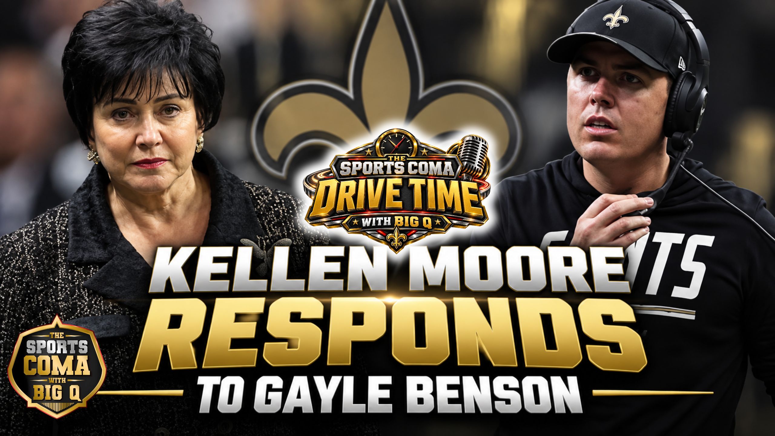 Drive Time graphic about Kellen Moore’s response to Gayle Benson’s challenge to Saints leadership.