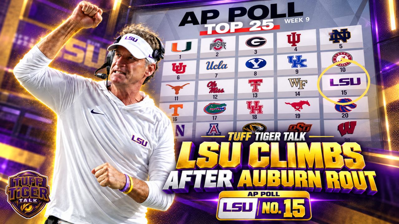 AP Top 25 Week 9 graphic showing LSU ranked No. 15 after its win over Auburn.