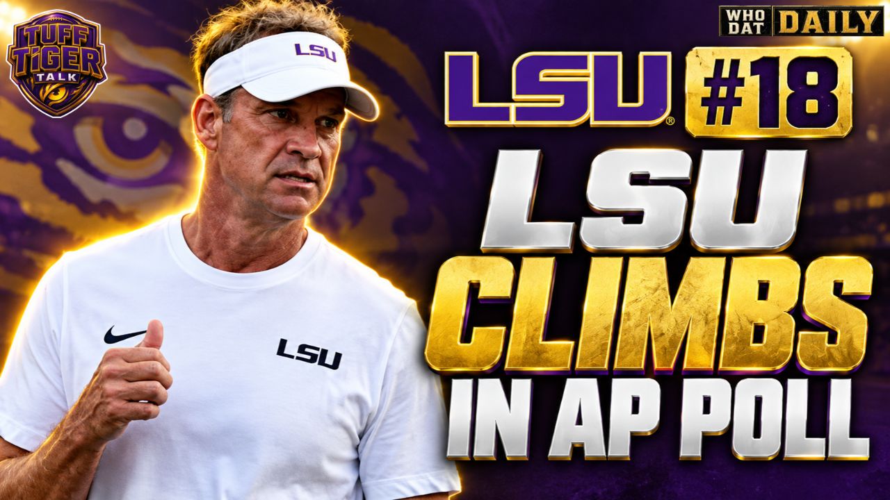 LSU’s tiger logo beside No. 18 and an upward arrow on a purple-and-gold AP poll graphic.