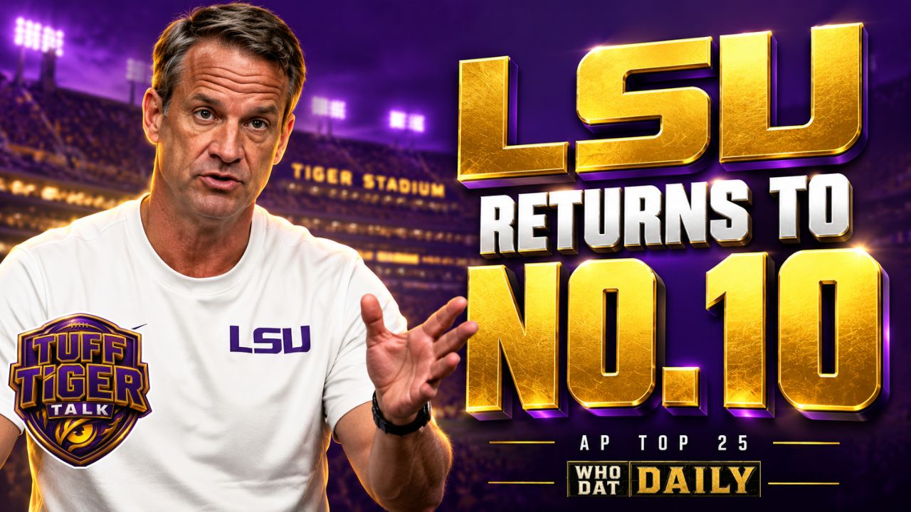 Week 6 AP Top 25 graphic showing LSU ranked No. 10, with Texas at No. 1.
