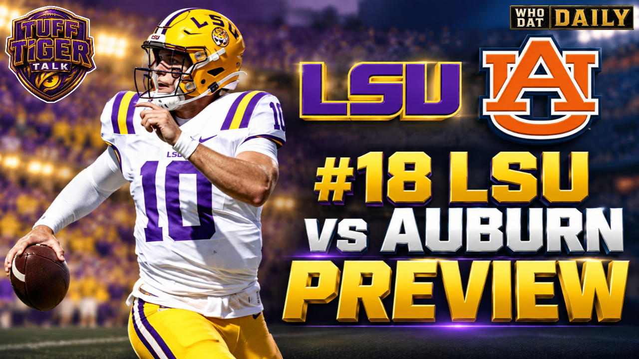 LSU and Auburn logos on a split gold and navy background.