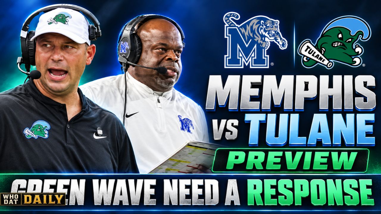 Tulane versus Memphis football preview graphic with both team names and the October 16 game at Yulman Stadium.