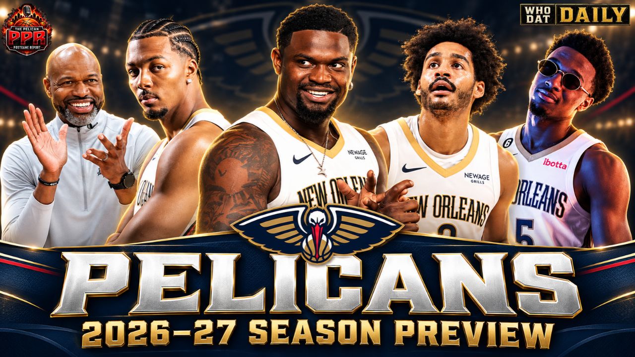 Pelicans logo beside 2026–27 Season Outlook lettering on a navy, red and gold graphic.