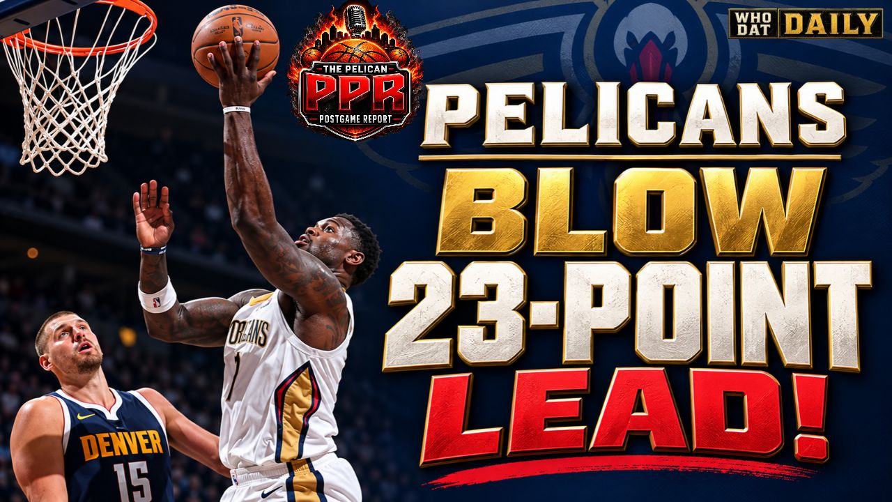  “Pelicans vs Nuggets recap graphic showing New Orleans’ 141–135 overtime loss after a 23-point lead.” For an action photograph, describe the players and action actually shown instead.