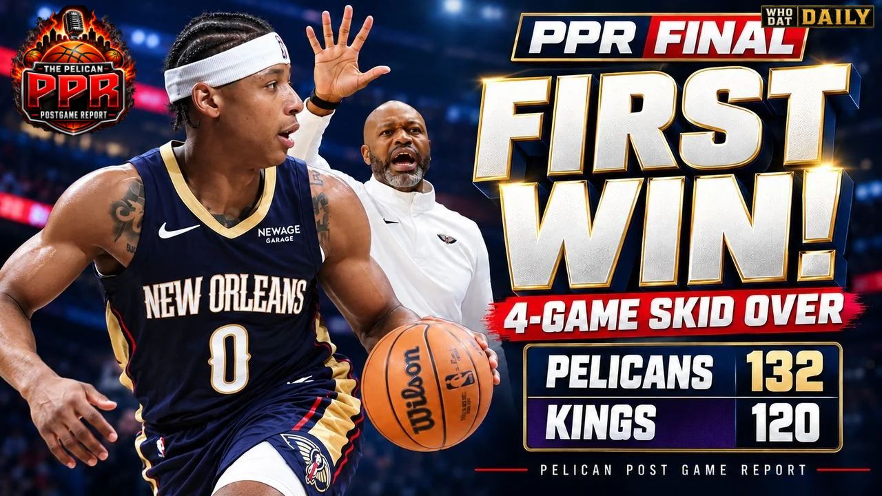 Jeremiah Fears holding the ball with Jamahl Mosley in the background, alongside First Win wording and the Pelicans’ 132–120 final score against the Kings.