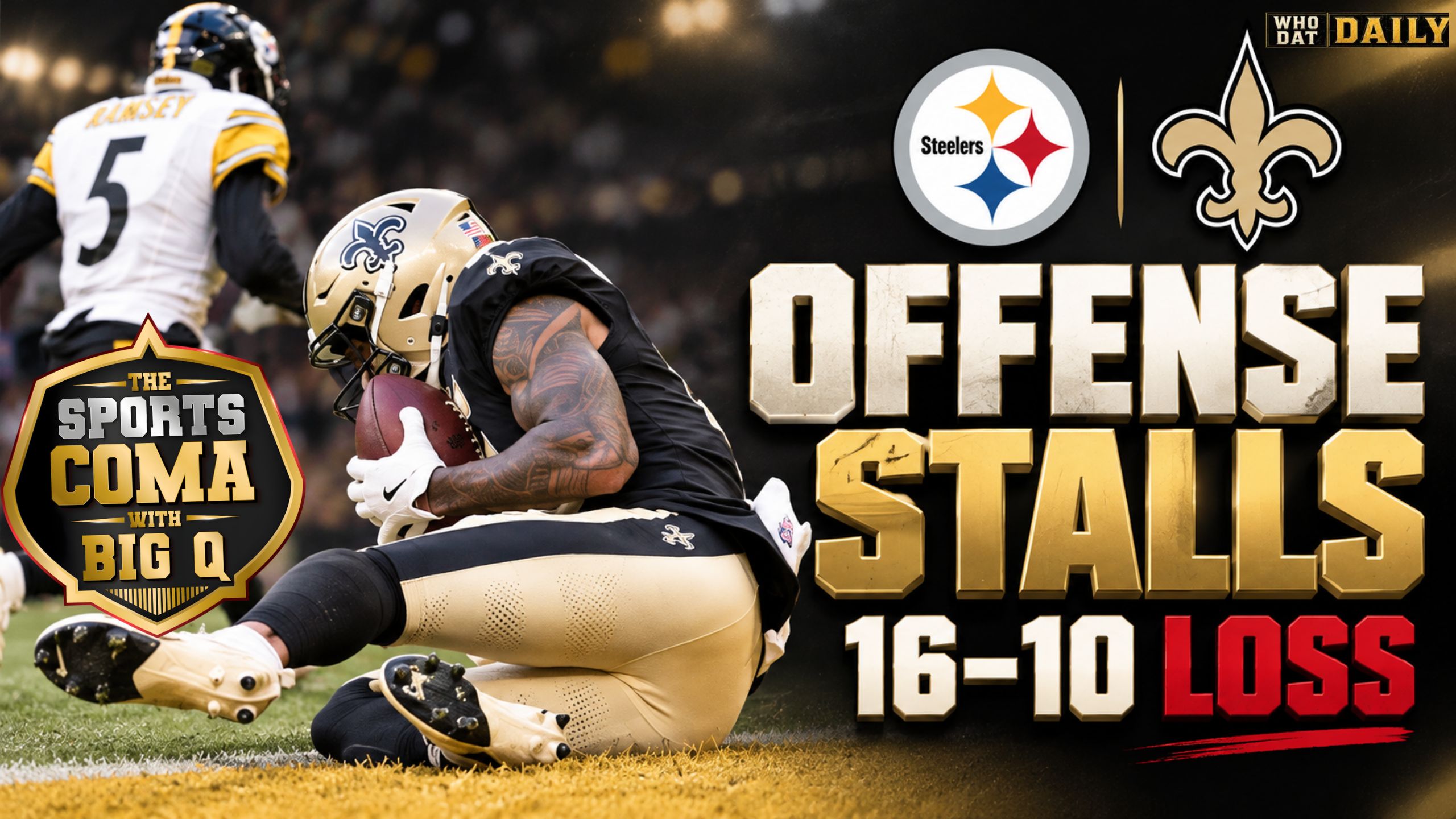  “Saints vs Steelers recap graphic showing Pittsburgh’s 16–10 victory in Paris.” For an action photograph, describe the specific players and action visible in the selected image.