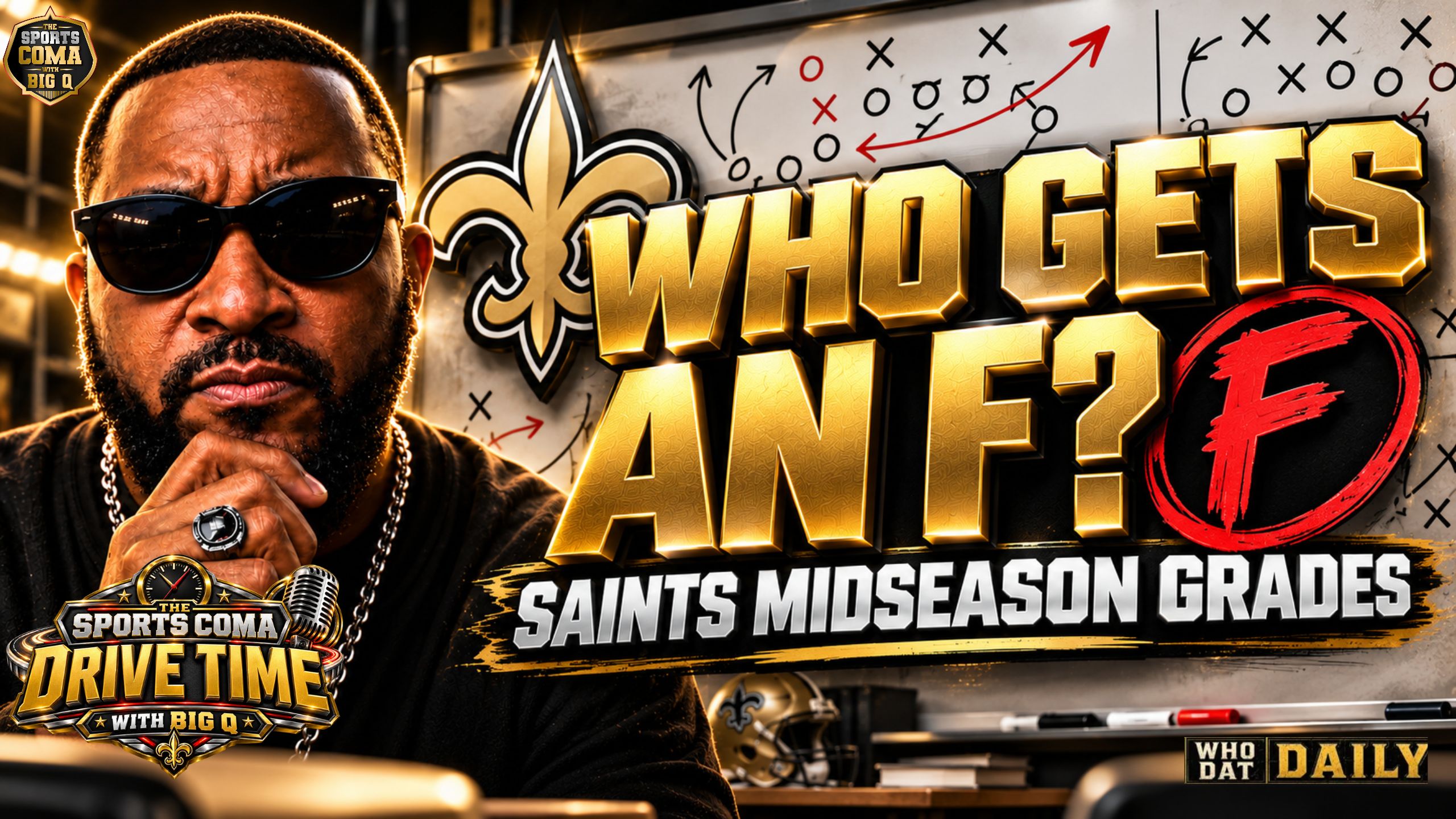 Black-and-gold New Orleans Saints midseason report card graphic featuring the fleur-de-lis, bye-week analysis and The Sports Coma with Big Q branding.
