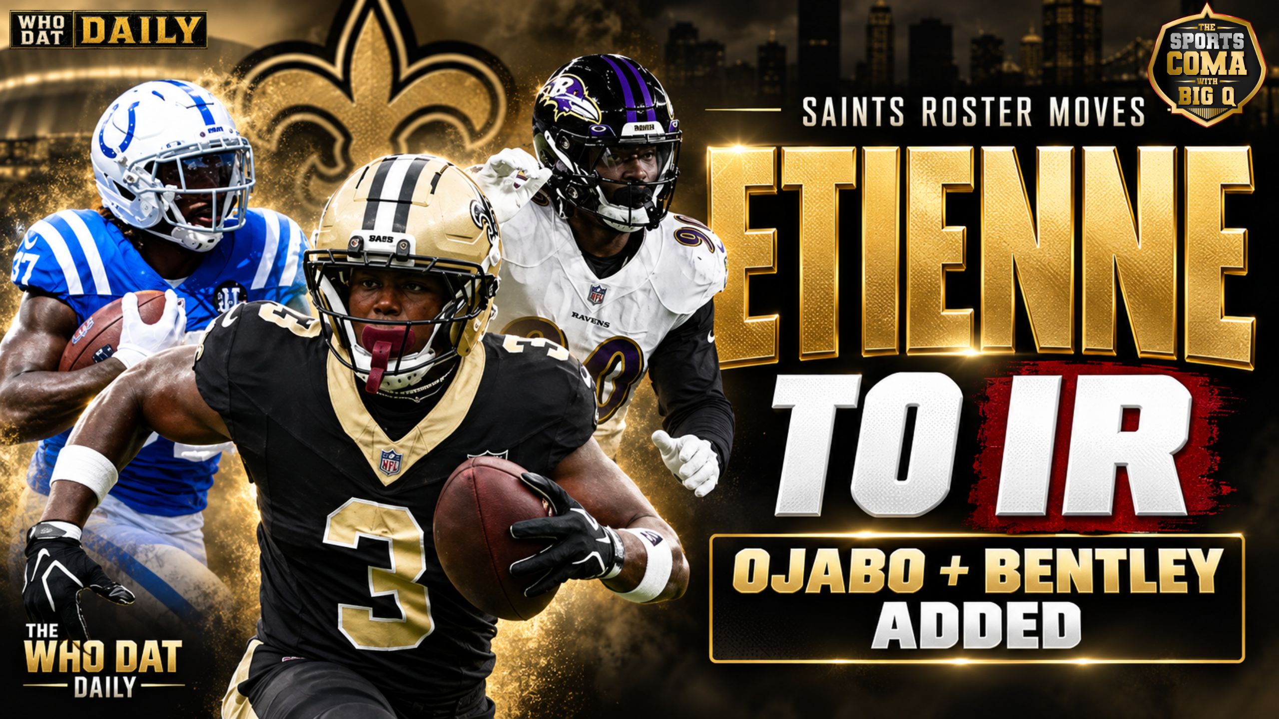 New Orleans Saints player in a black No. 3 jersey carrying the football.