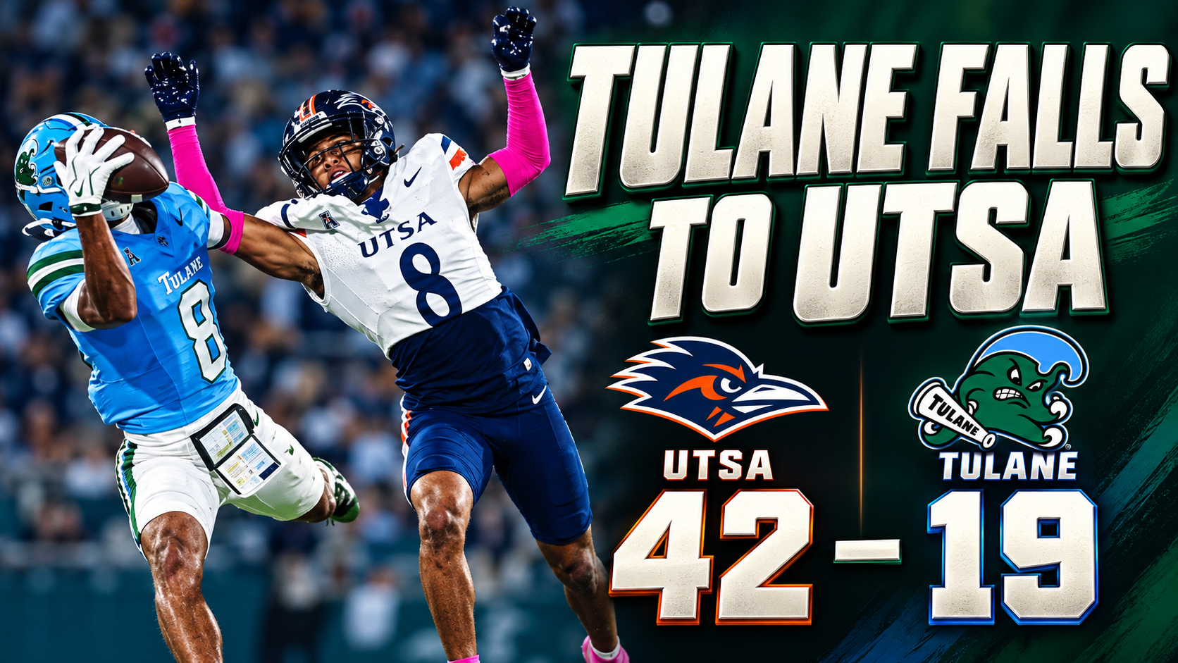 **:** If using a matching score graphic: “Tulane vs UTSA recap graphic showing the Green Wave’s 42–19 loss at Yulman Stadium.” For a photograph, describe only the visible players and action.