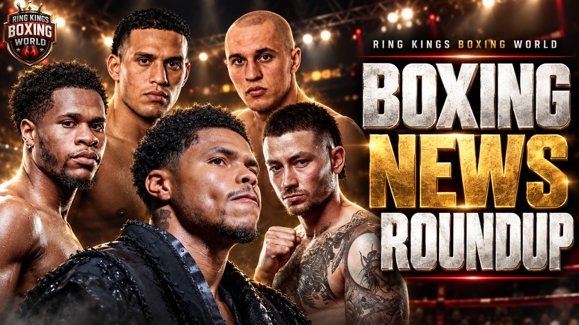 Boxing news graphic highlighting Haney–Paro, Rodriguez–Inoue and Benavidez–Cieślak.