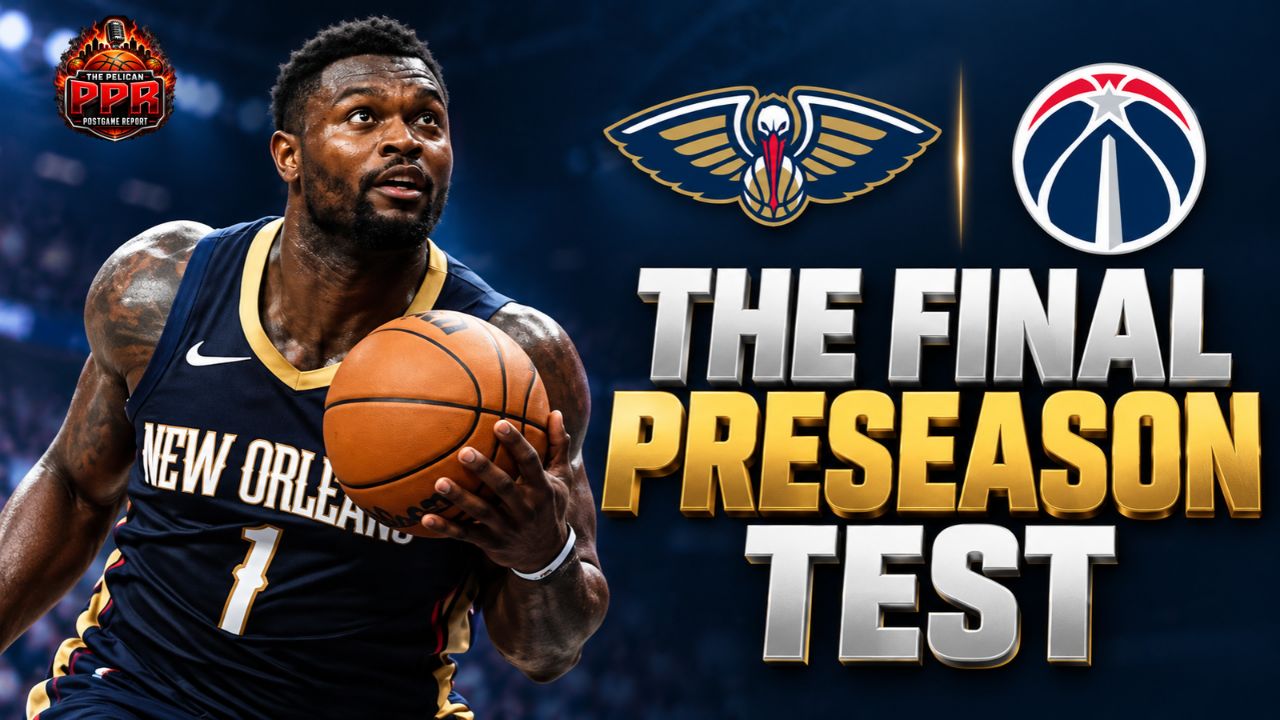 Pelicans versus Wizards preseason finale graphic with both team names and the October 16 matchup at Smoothie King Center.