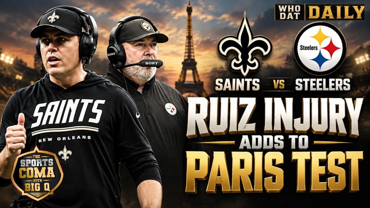 Mickey Loomis, Kellen Moore and two Saints linemen beside the Eiffel Tower and Saints-Steelers logos.